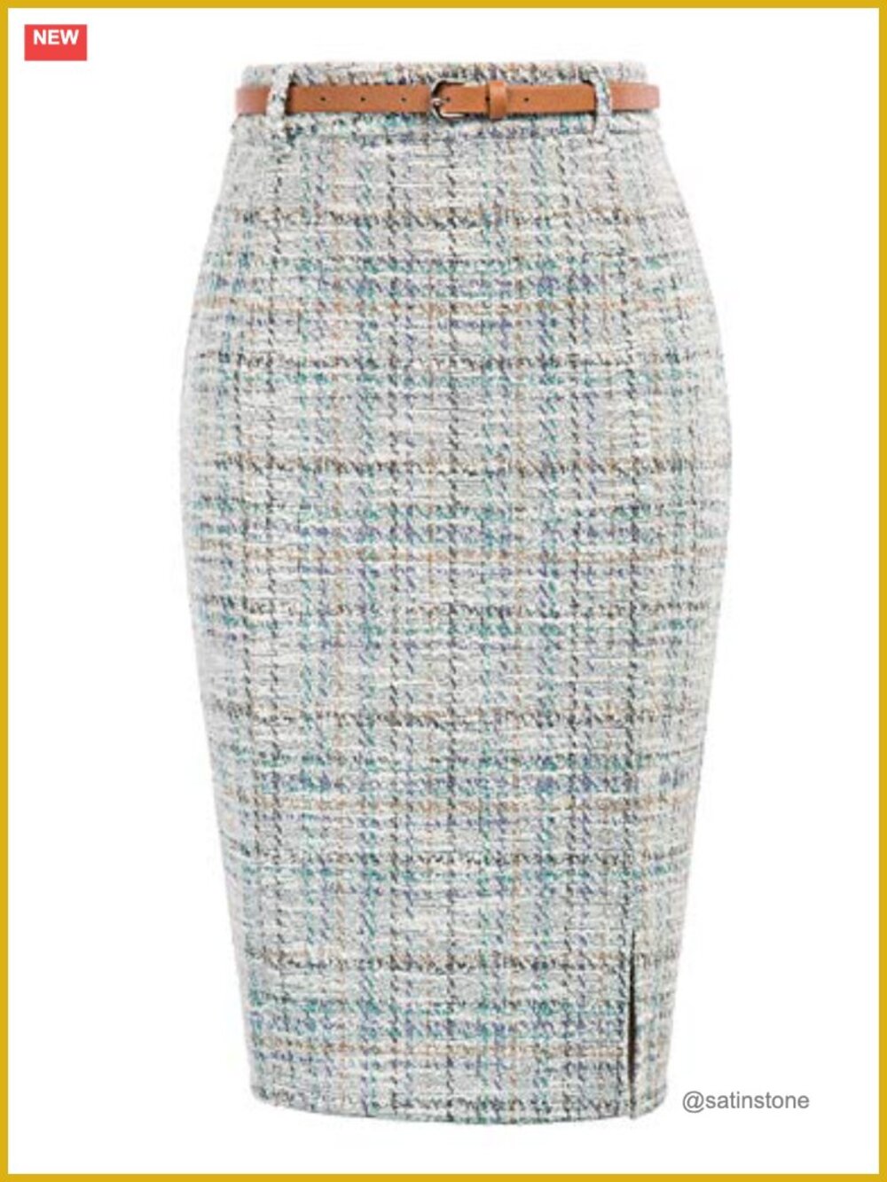 Tweed Pencil Skirt Knee Length Slit High Rise